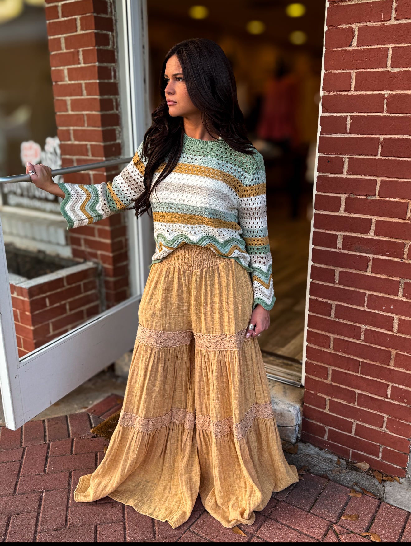 Tan Tiered Eyelet Pants