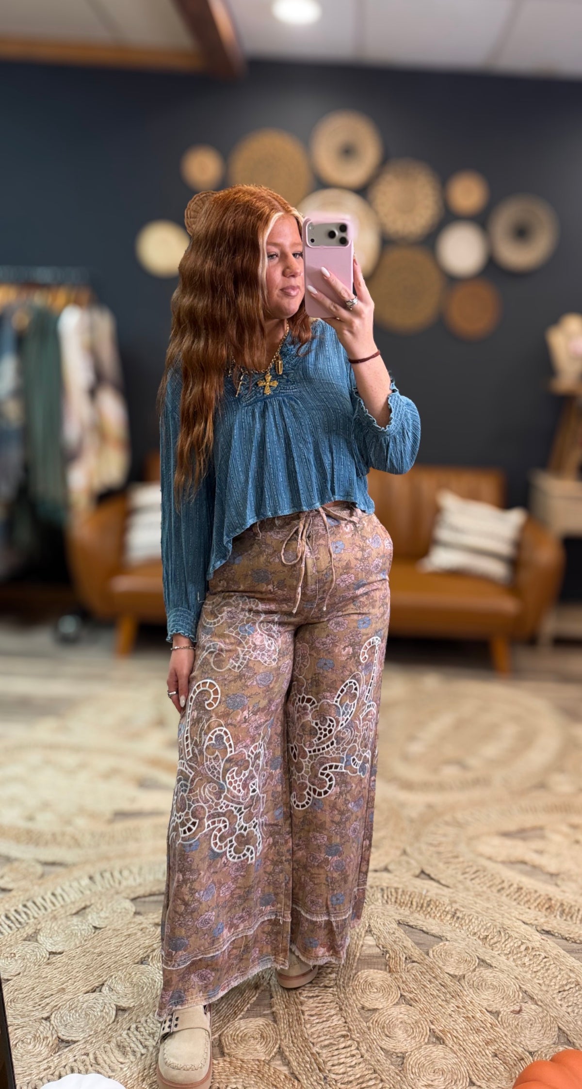 Taupe Floral Eyelet Pants