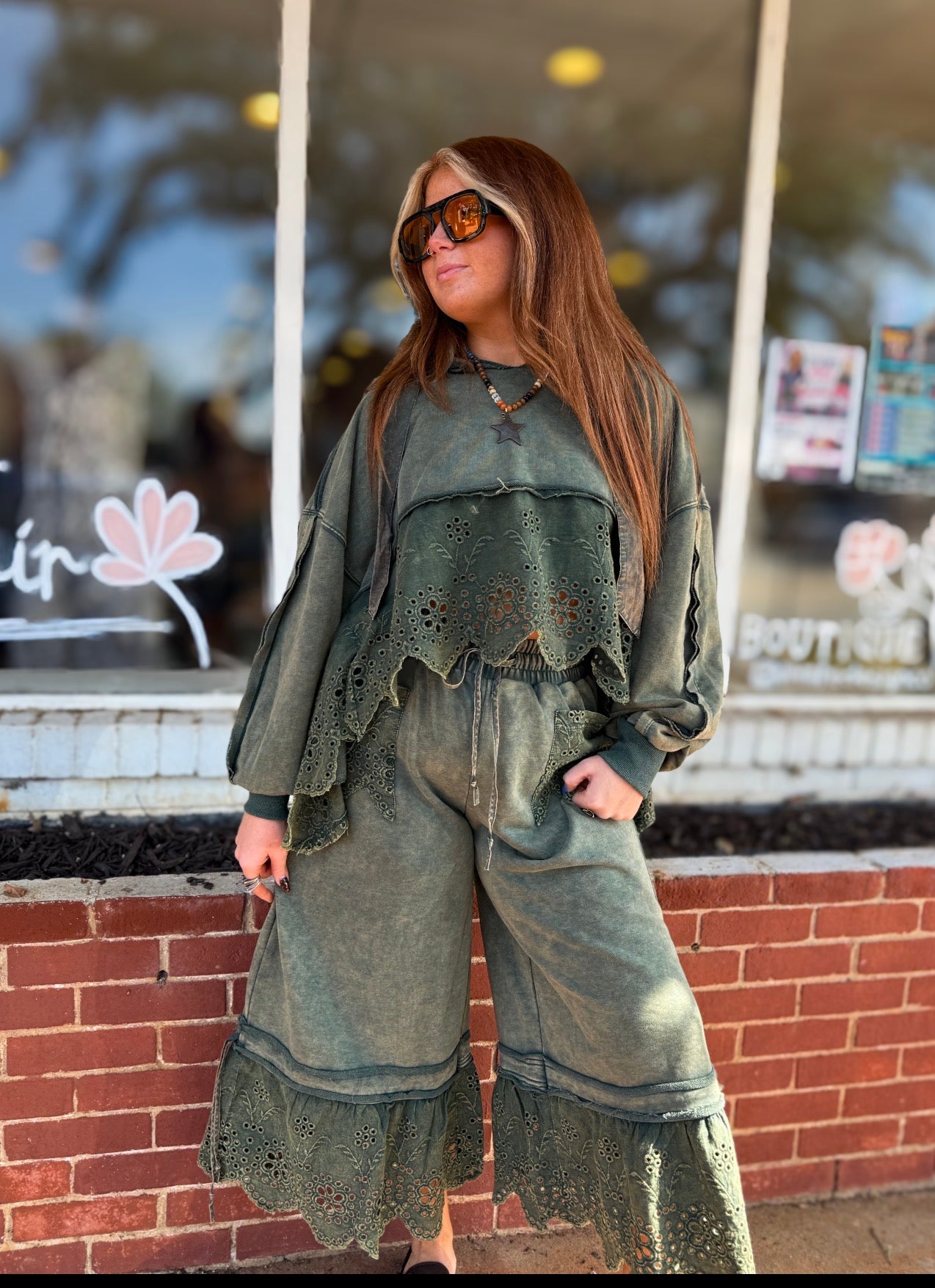 Teal Green Eyelet Pants
