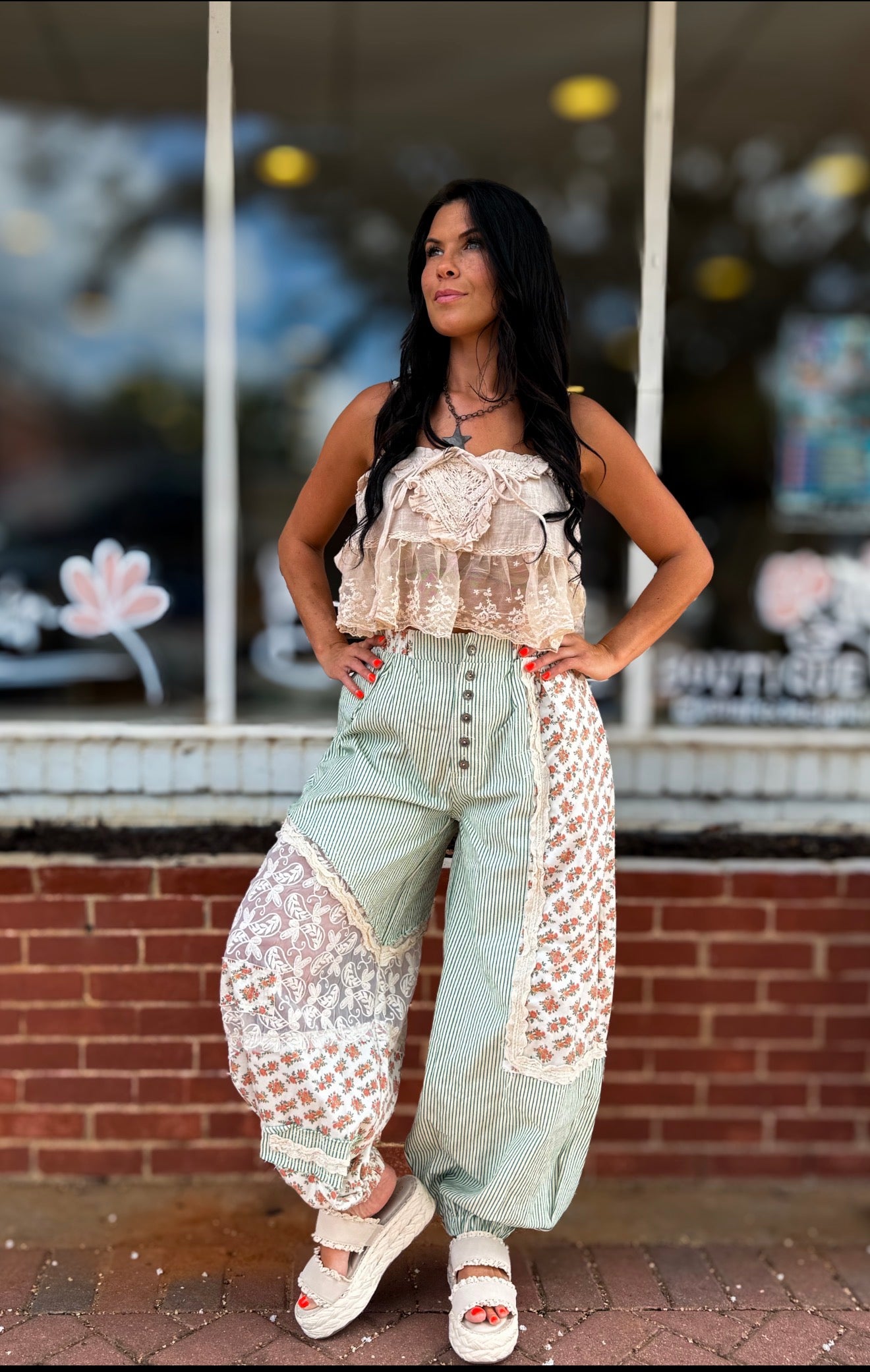 Green Stripe Floral Pants