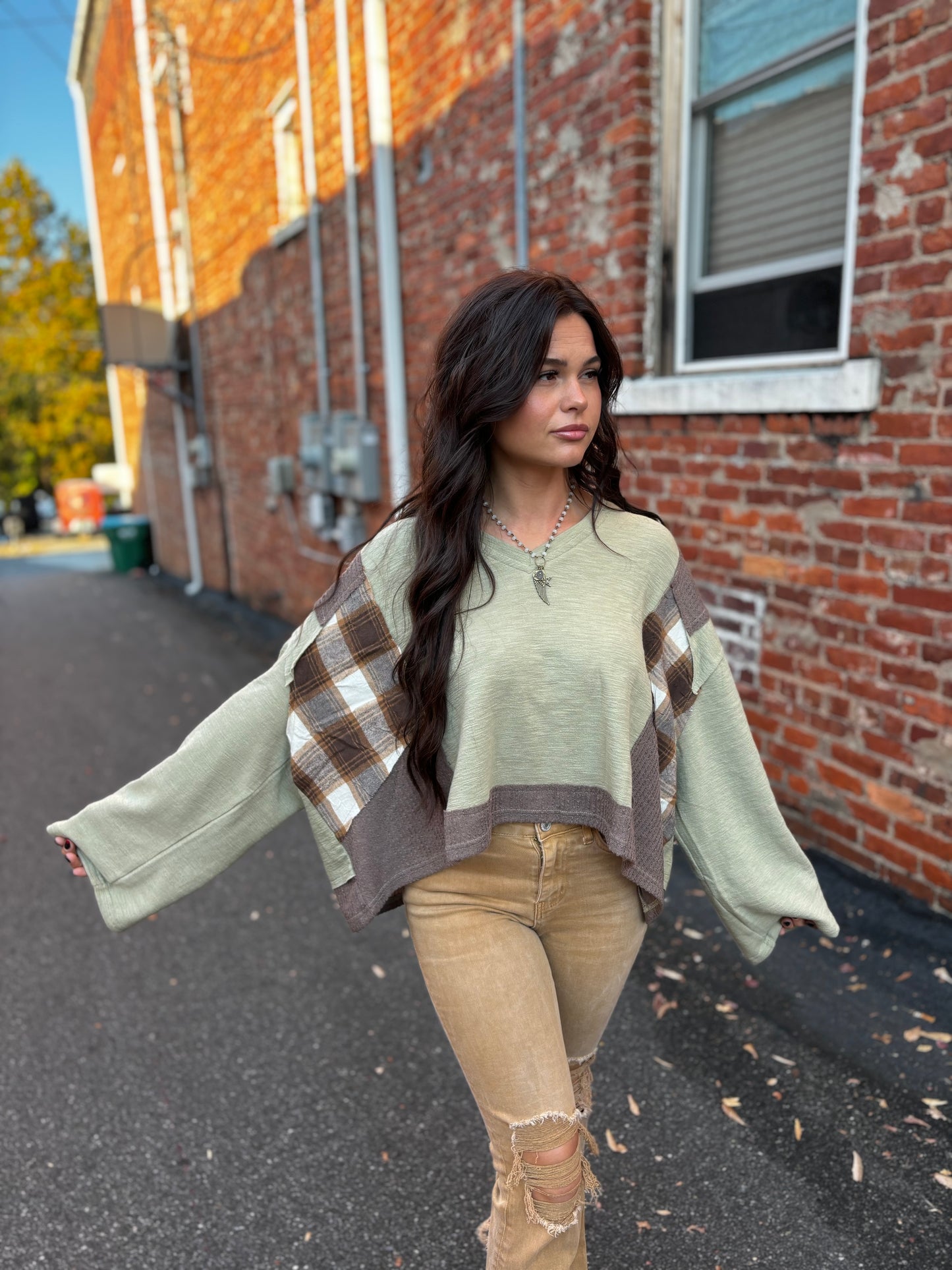 Olive/Brown V-Neck Top
