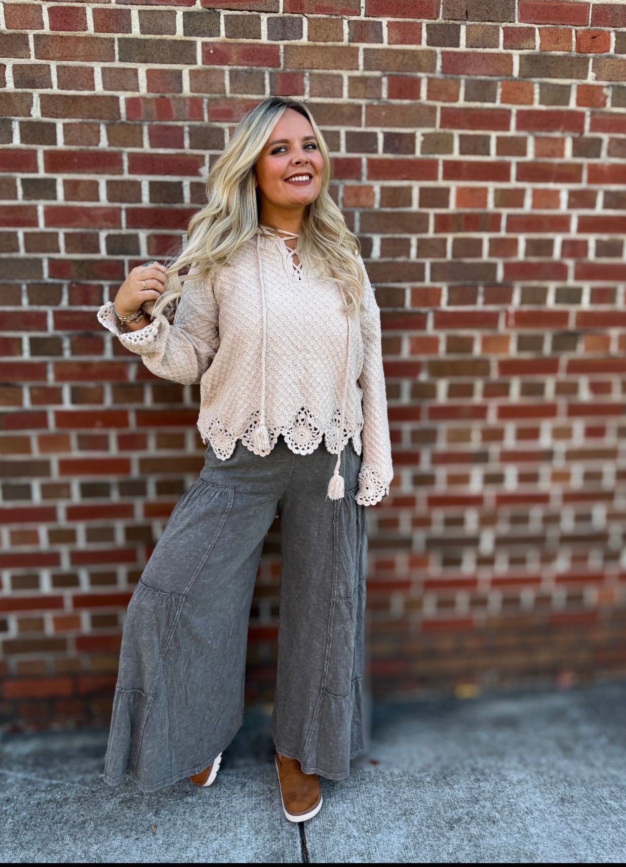 Khaki Lace Scallop Top