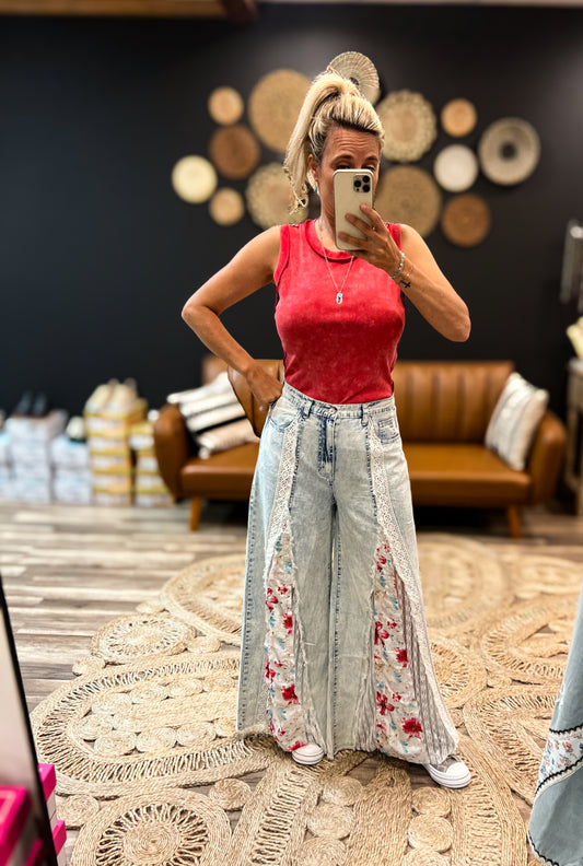 Denim Pants w/ Lace Trim