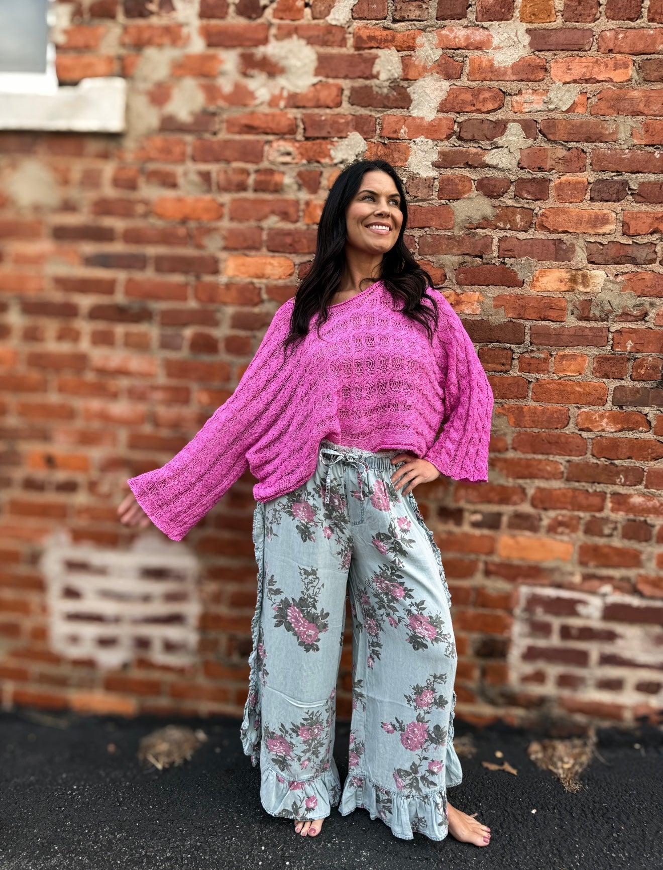 Denim Ruffle Floral Pants