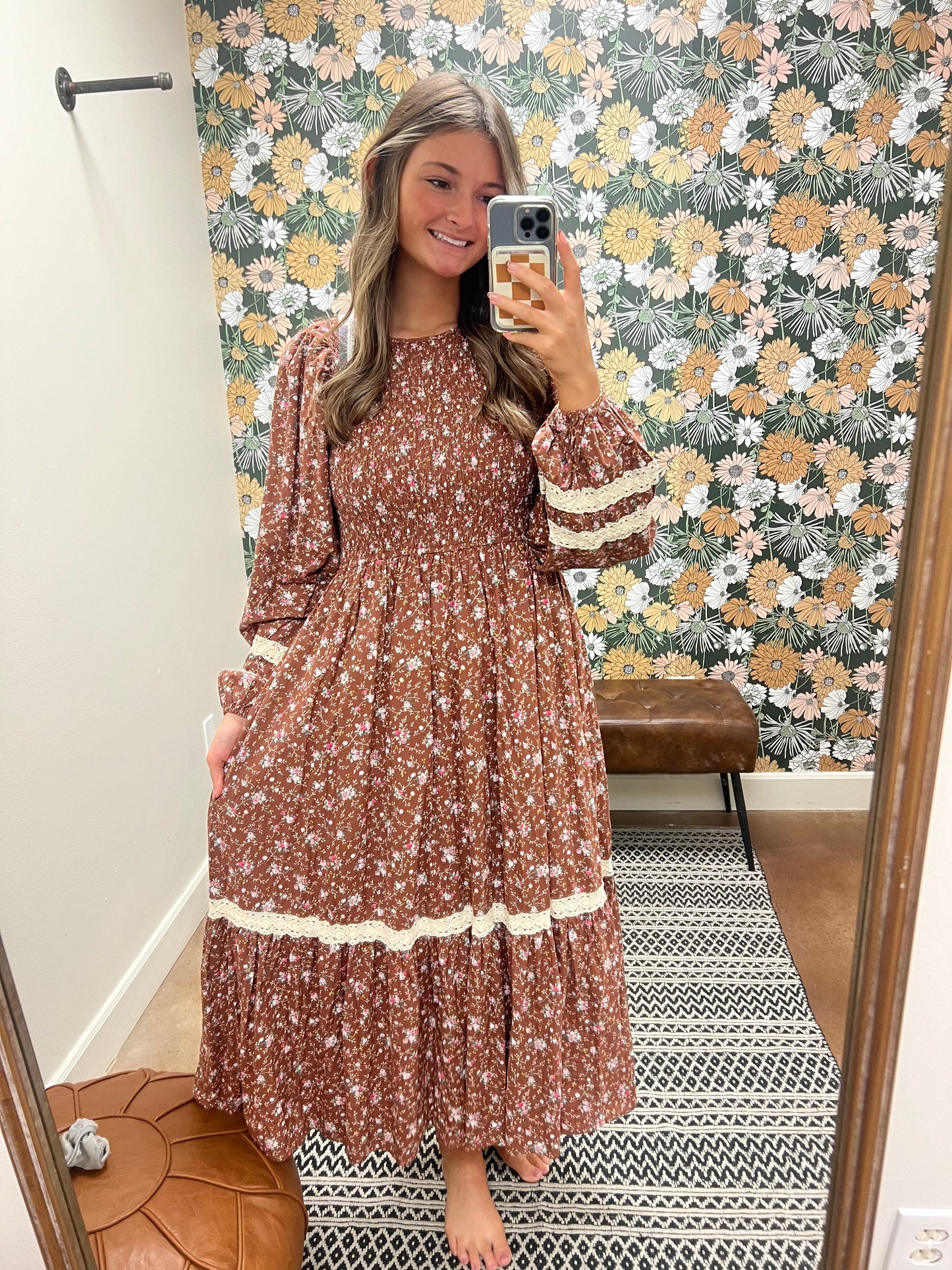 Mocha Smocked Floral Maxi