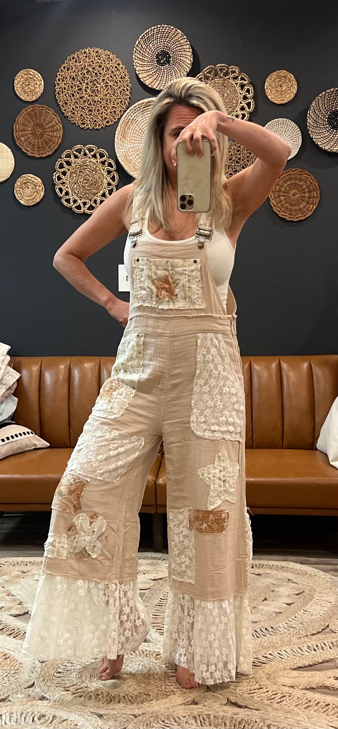 Natural Beige Floral Overalls