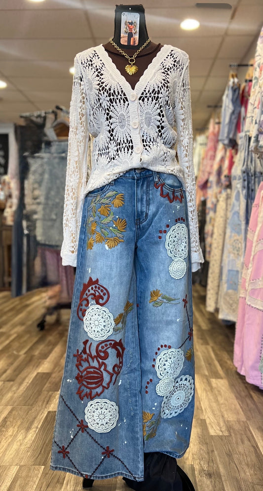 Denim Emb Wide Leg Pants