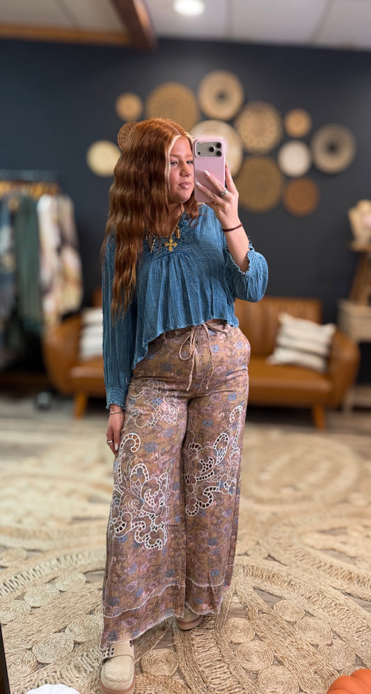 Taupe Floral Eyelet Pants