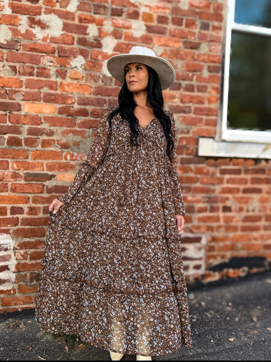 Brown Multi Floral Midi Dress