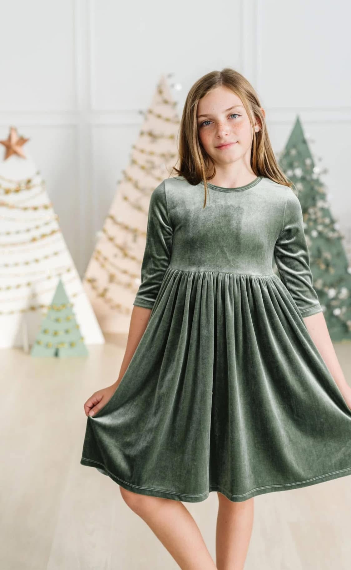 Kids Olive Velvet Dress