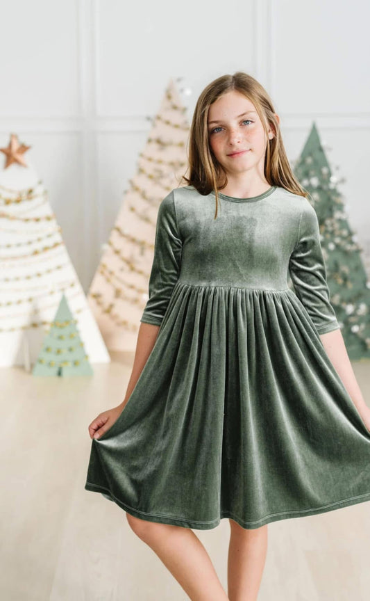 Kids Olive Velvet Dress