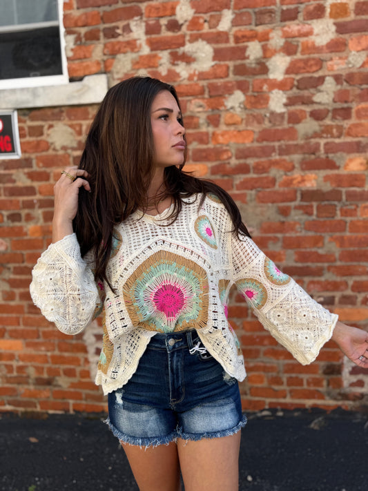 Cream/Green Crochet Top