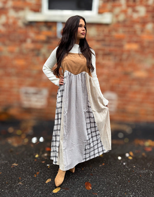 Taupe Plaid Overall Dress