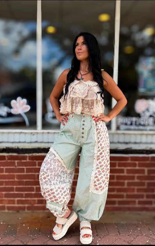 Green Stripe Floral Pants