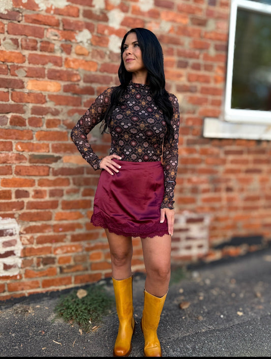Wine Satin Lace Skirt