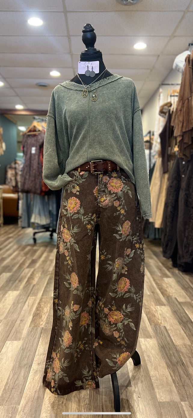 Brown Floral Wide Jeans