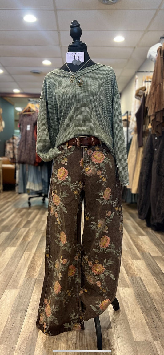 Brown Floral Wide Jeans