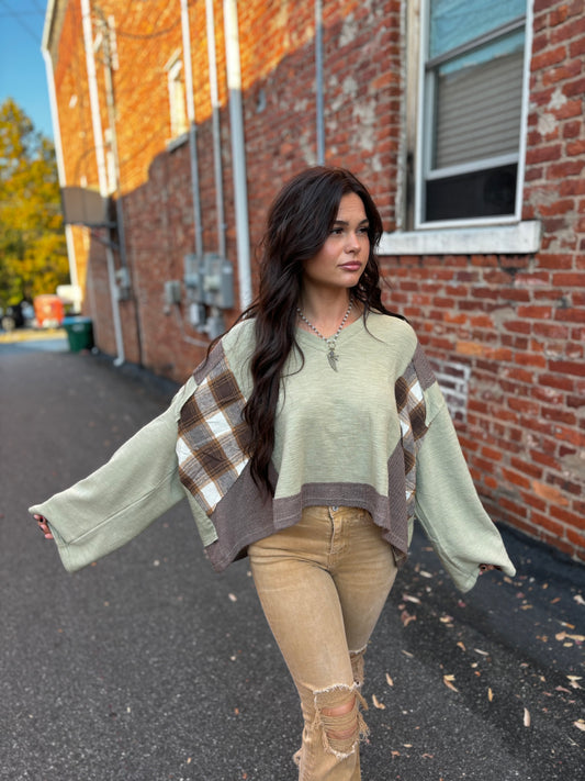 Olive/Brown V-Neck Top