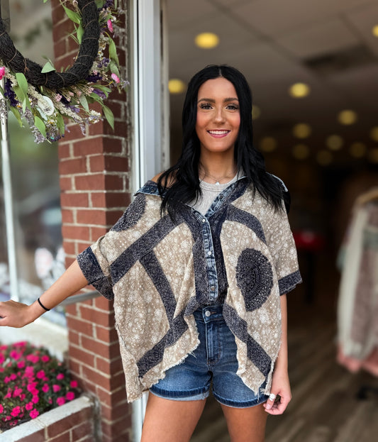 Beige Crochet Button Down