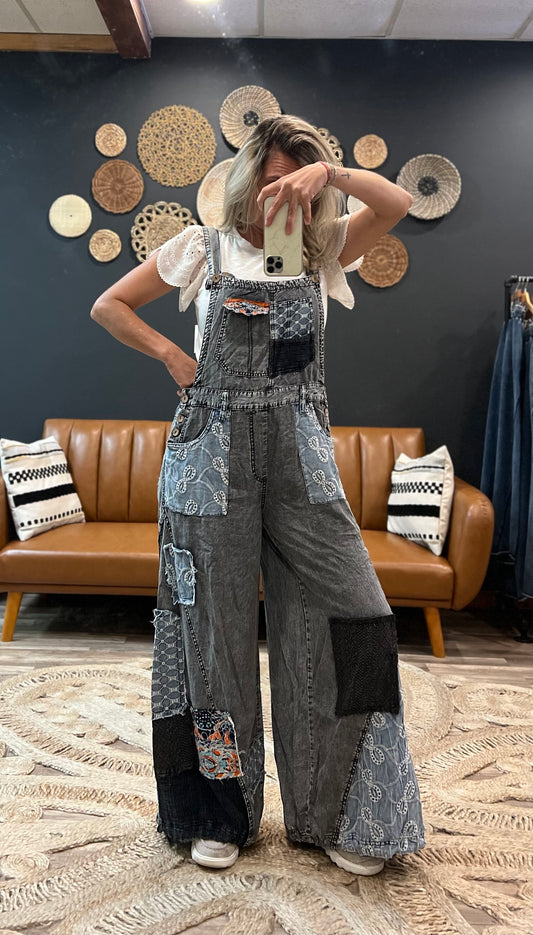 Black Multi Patch Overalls