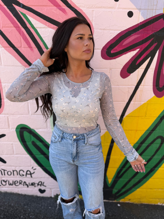 Dusty Blue L/S Lace Top