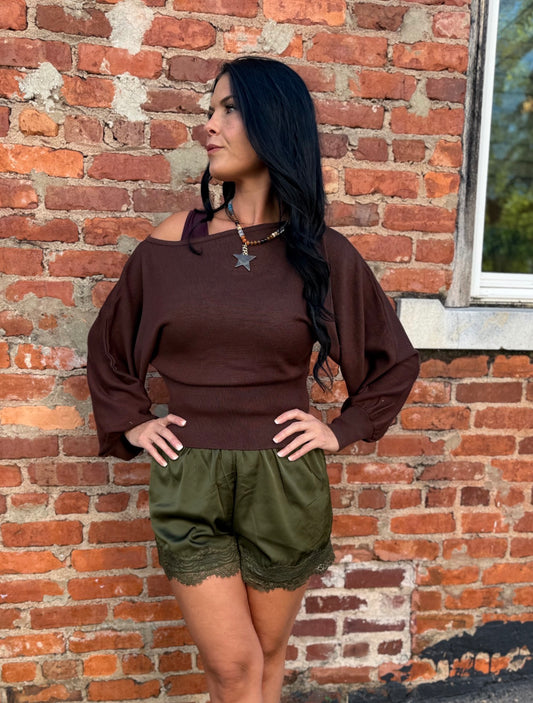 Olive Satin Lace Shorts