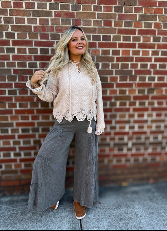 Khaki Lace Scallop Top