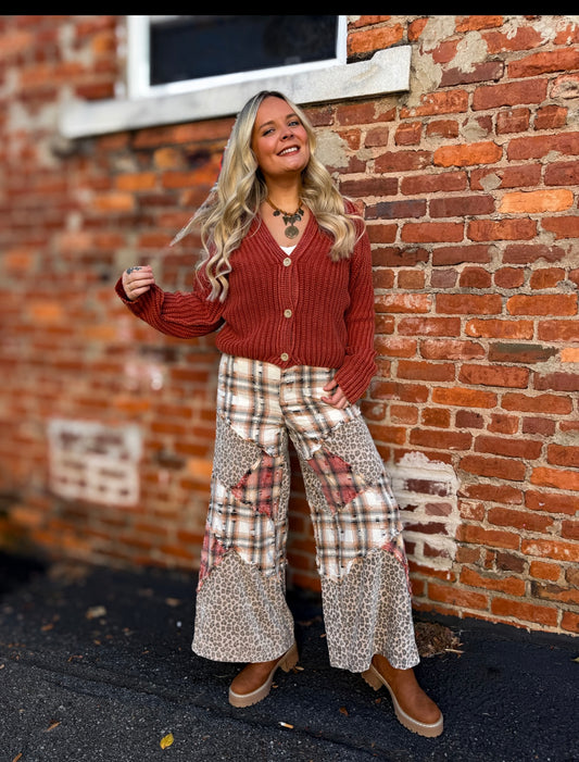 Cream Plaid Leopard Pants