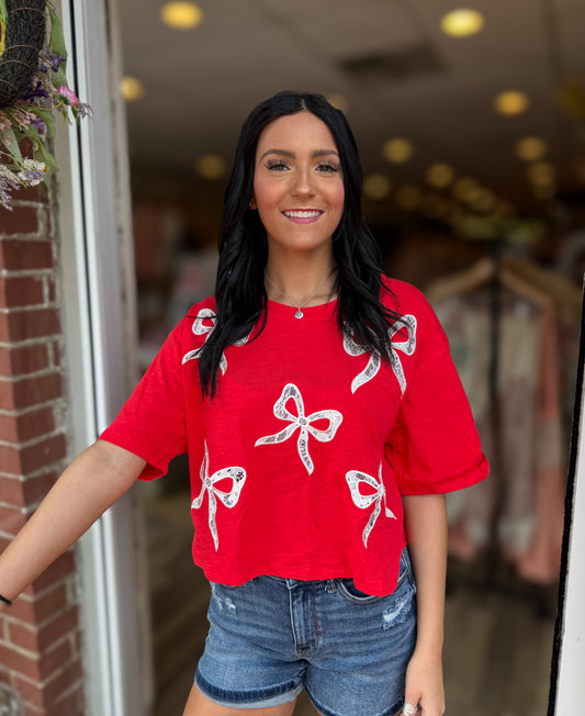 Red Emb Bow Cropped Top