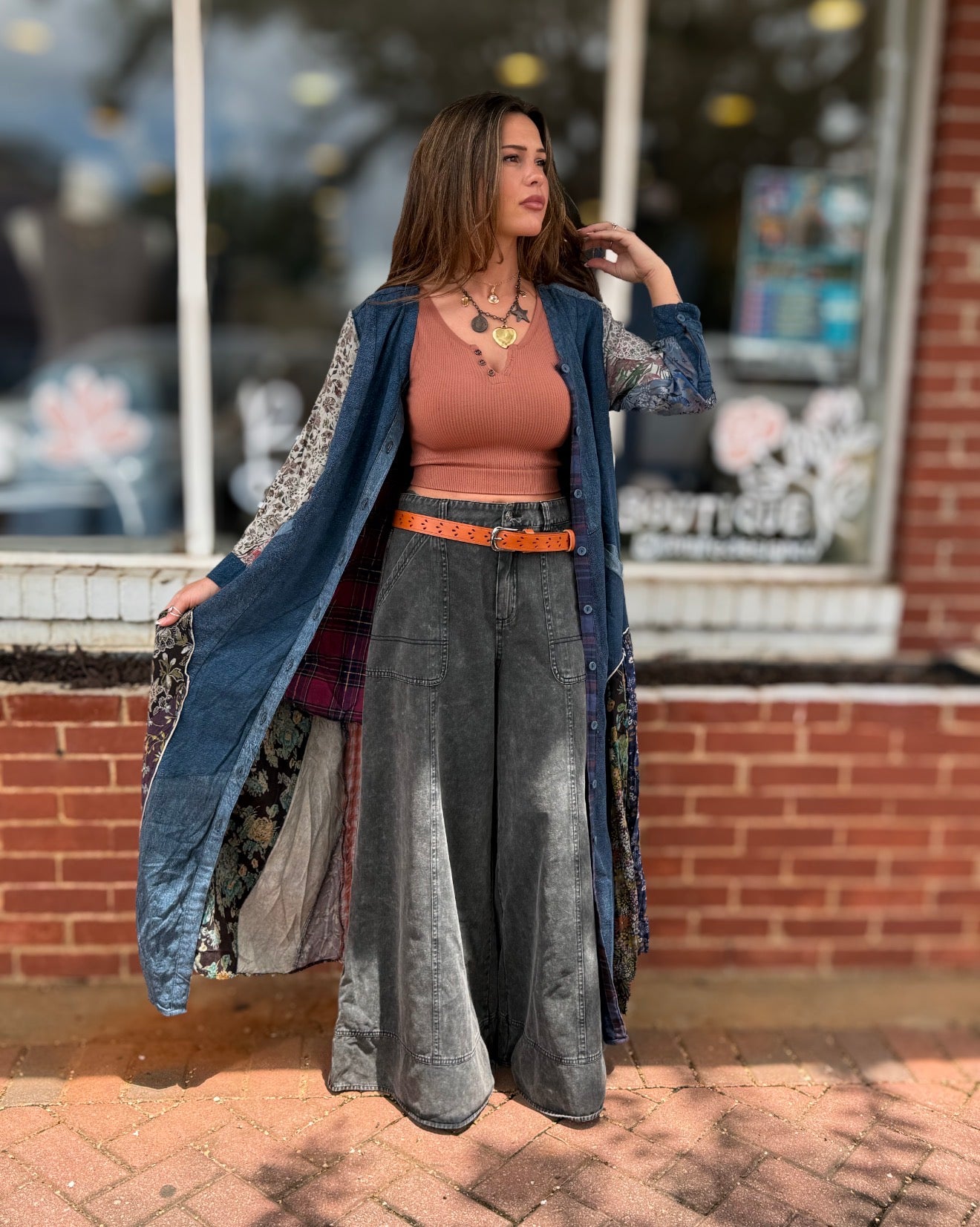 Denim Floral Long Jacket