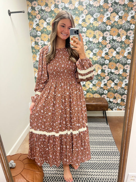 Mocha Smocked Floral Maxi