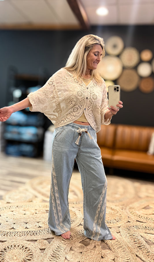 Denim Lace Trim Pants