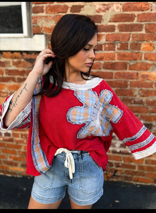 Red Flower Patch Top